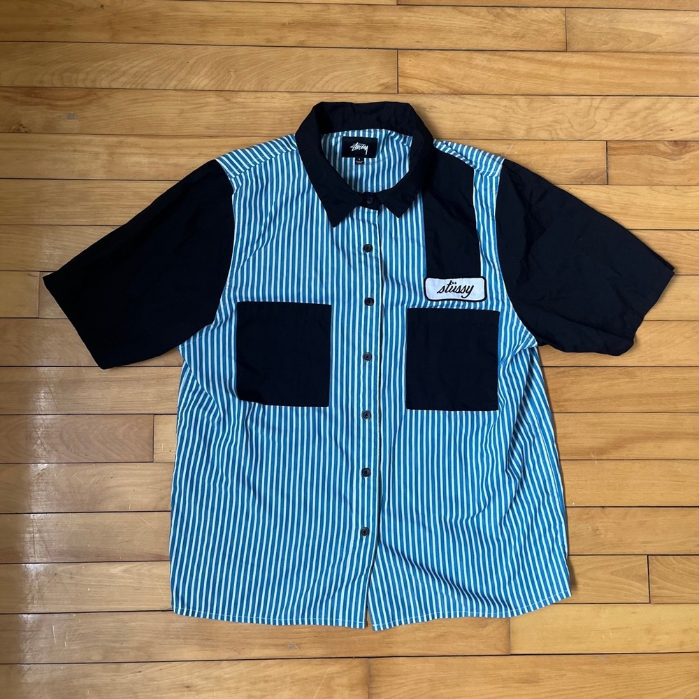 Stussy Doris Garage Jersey Shirt In Blue Black Stripe Short Sleeve Large